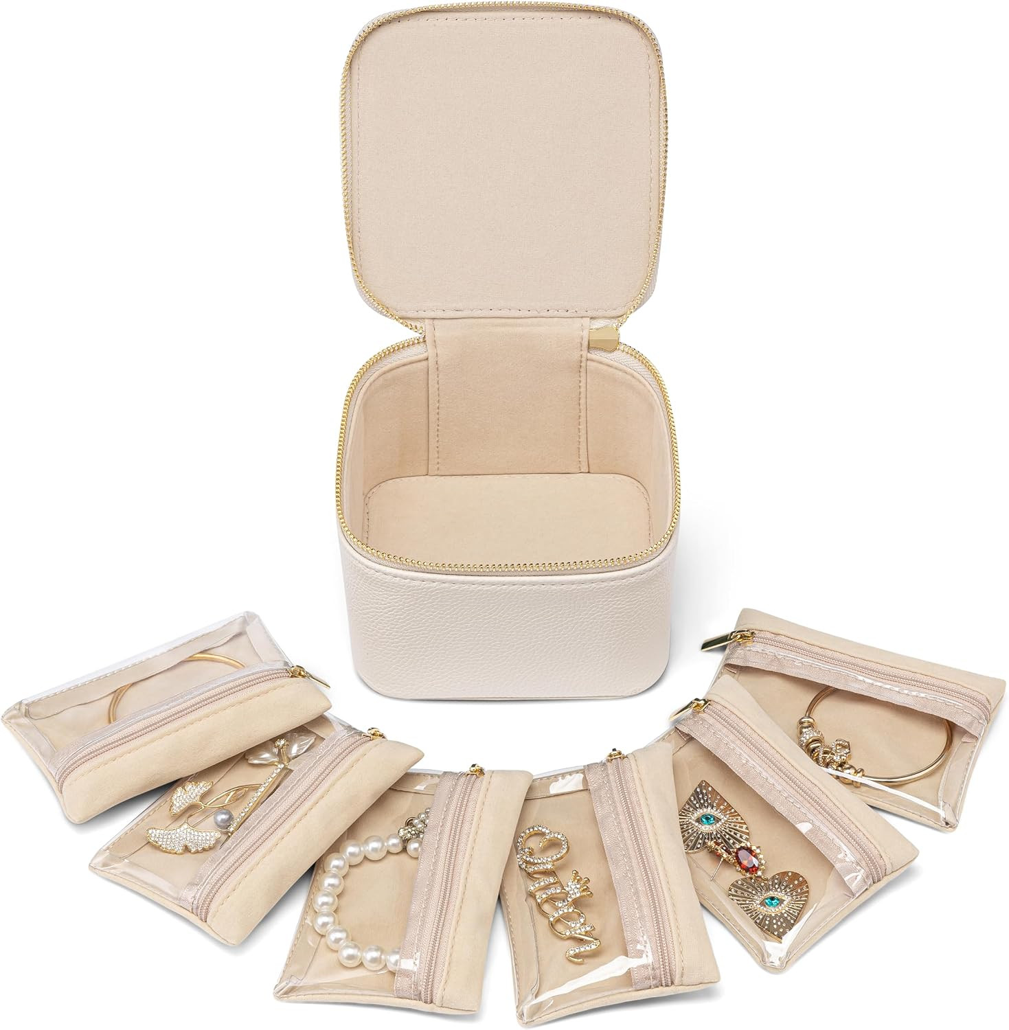 Vlando Travel Small Jewelry Case, Jewelry Travel Organizer with 6 Pcs Jewelry Bags Gifts for Valentine's Day Birthday Earrings Necklace Rings Storage Gift Box Packaging White | Amazon (US)