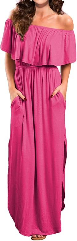 Women's Off Shoulder Summer Casual Long Ruffle Beach Maxi Dress with Pockets | Amazon (US)