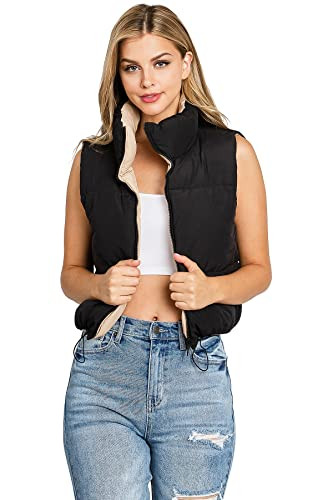 Love Tree Women's Juniors 2-in-1 Reversible Puffer Vest (Black/Khaki, Small) | Amazon (US)