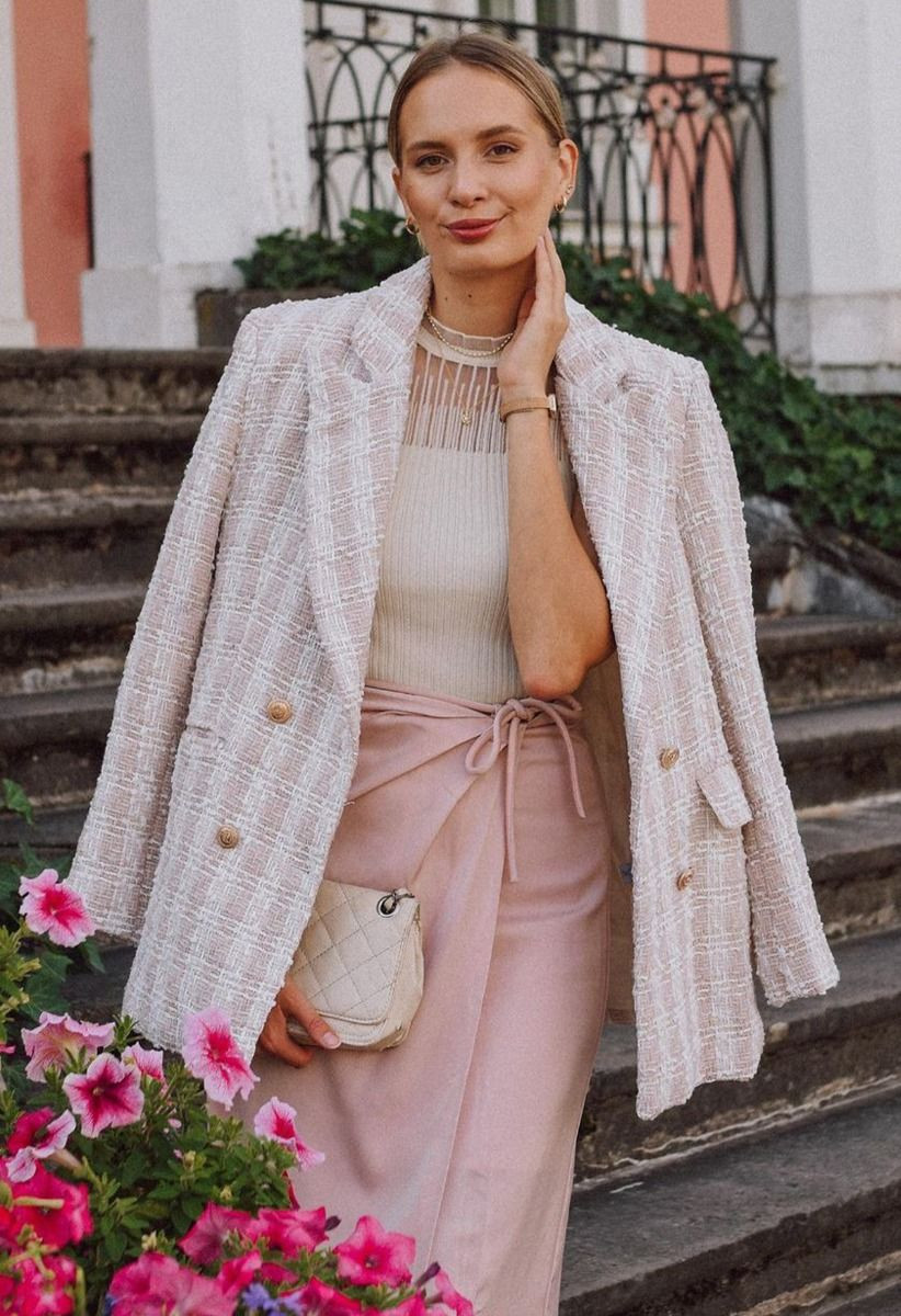 Plaid Tweed Double-Breasted Blazer | Chicwish