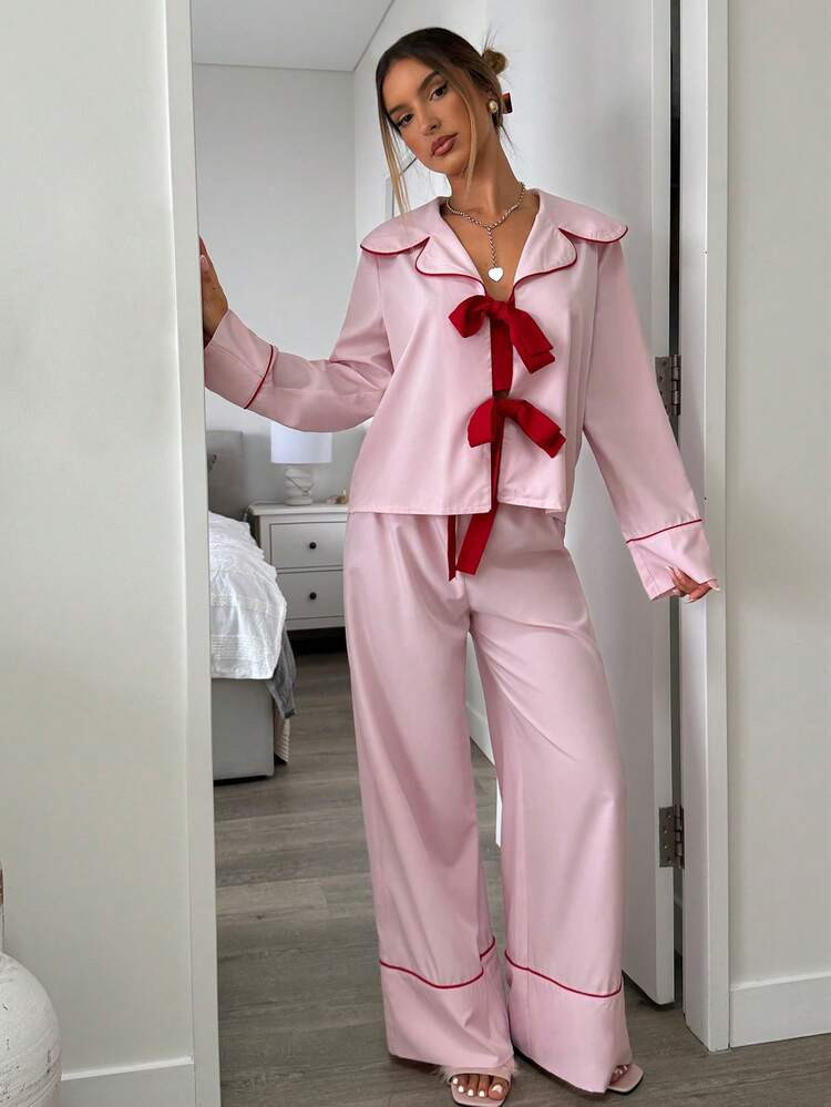 Aloruh Women's Autumn/Winter New Christmas & Valentine's Day Casual Home Daily Front Bowknot Collar Contrast Trim Pink Shirt And Loose Pink Pants 2-Piece Pajama Set | SHEIN