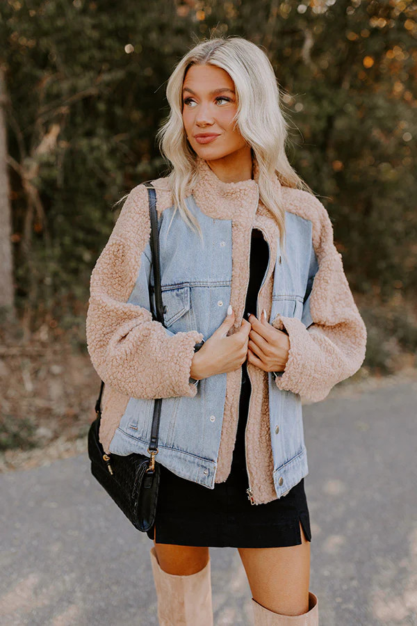 Bonfire Feels Sherpa Denim Jacket in Iced Latte | Impressions Online Boutique