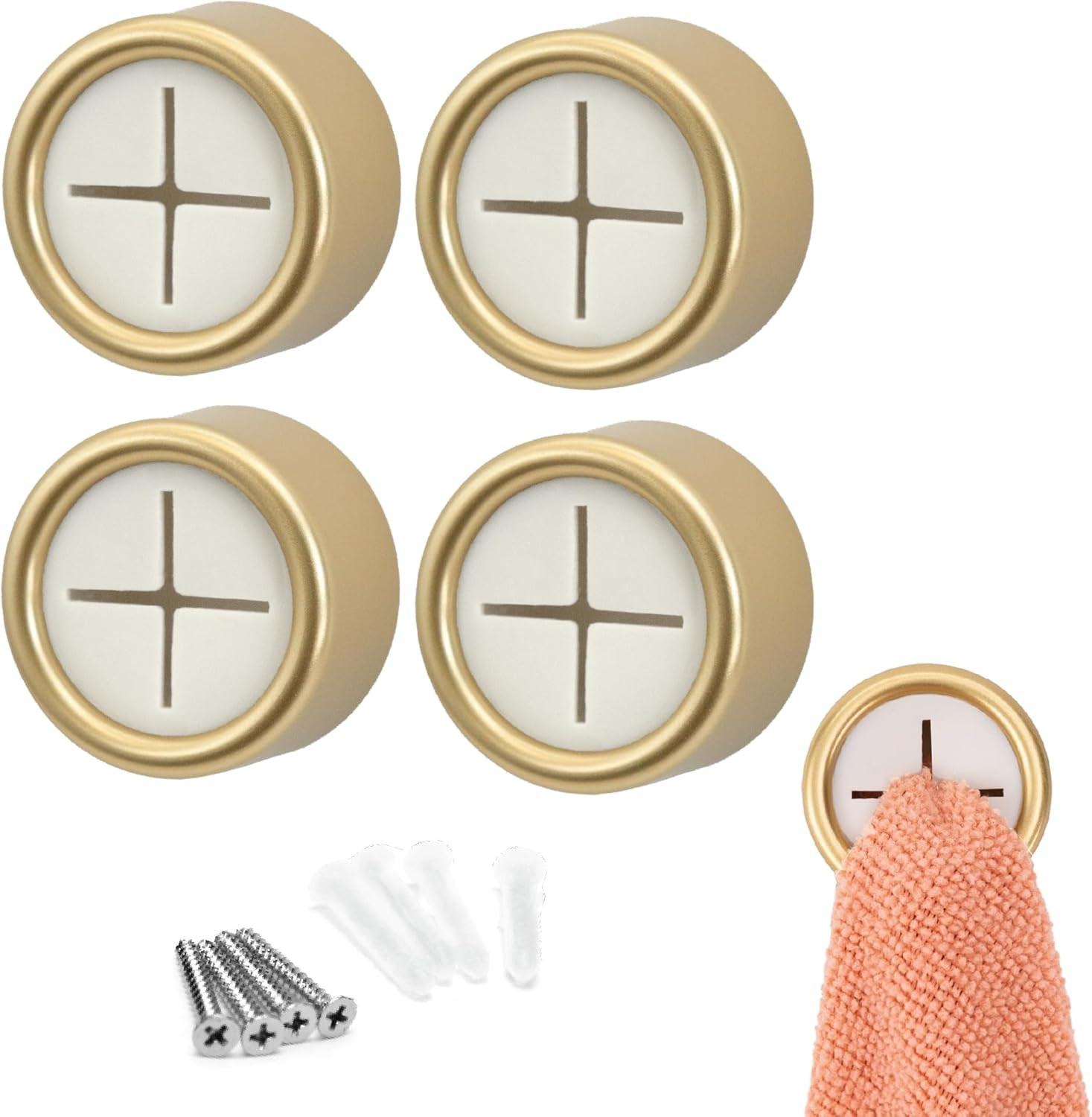 S&T INC. Round Adhesive Push Towel Hooks for Kitchen, Hand and Dish Towels, Brushed Gold, 4 Pack | Amazon (US)