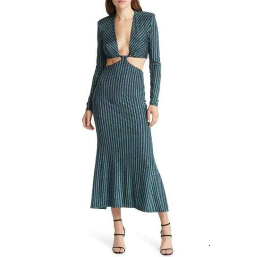 MISHA Despina Cutout Striped Sparkle Slinky Jersey Dress Long Sleeves Green SZ 6 | eBay US