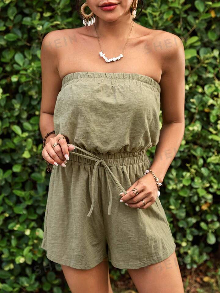 SHEIN VCAY Woven Holiday Solid Color Elastic Waist Tube Jumpsuit | SHEIN