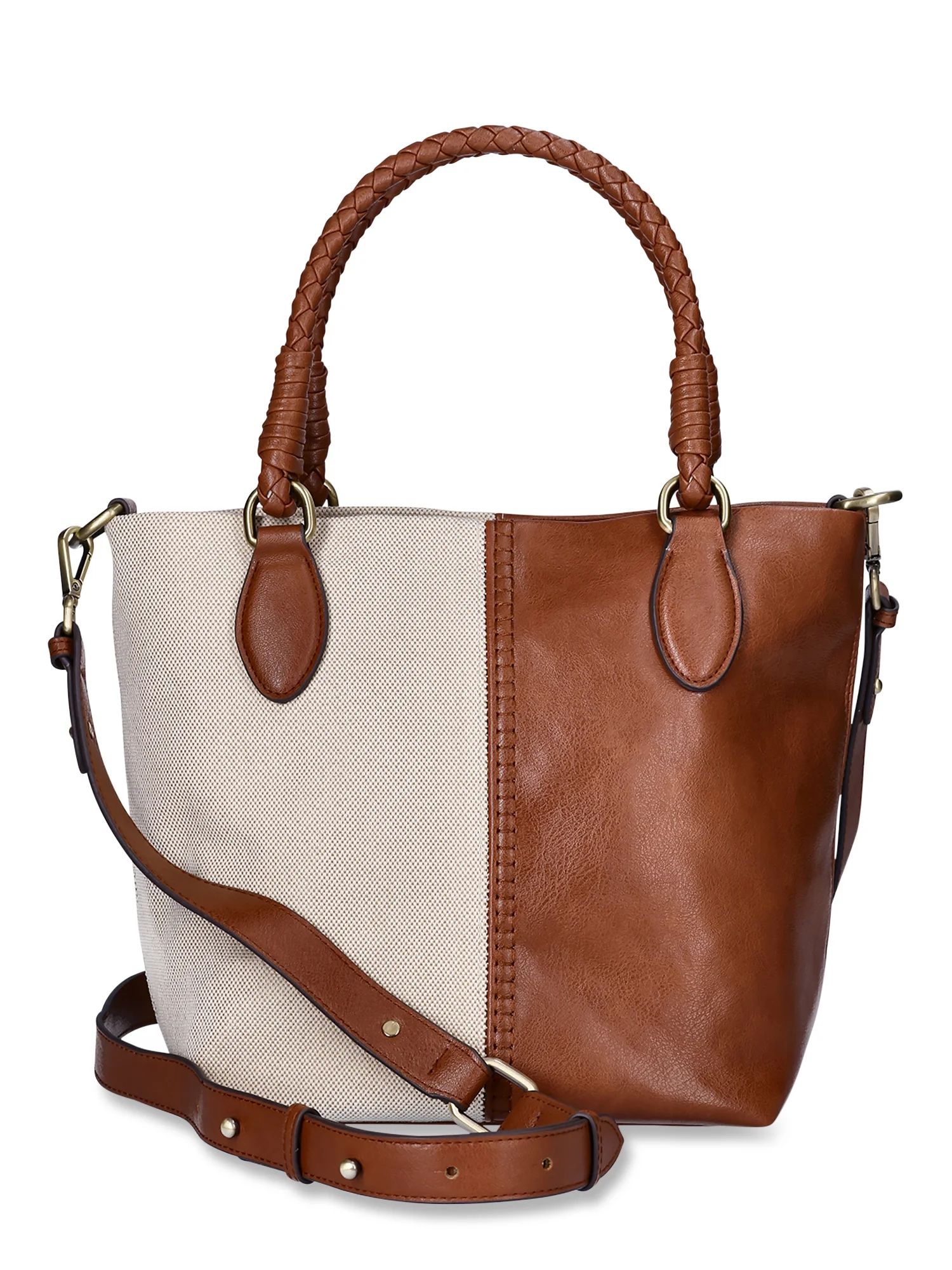 Time and Tru Women's Lovina Canvas and Faux Leather Tote Bag, Natural Cognac | Walmart (US)