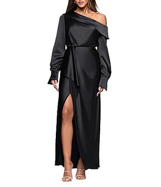 Xscape Satin One Shoulder Long Sleeve Front Ruffle Dress - 6 | Dillard's
