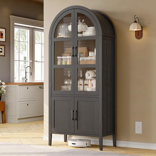 ONBRILL 71 Inch Tall Arched Cabinet, 5-Tier Arched Kitchen Pantry Cabinet with Glass Doors & Shelves, Modern Display Storage Cabinets with Adjustable Feet, Wooden Cabinet for Dining Room (Black) | Amazon (US)