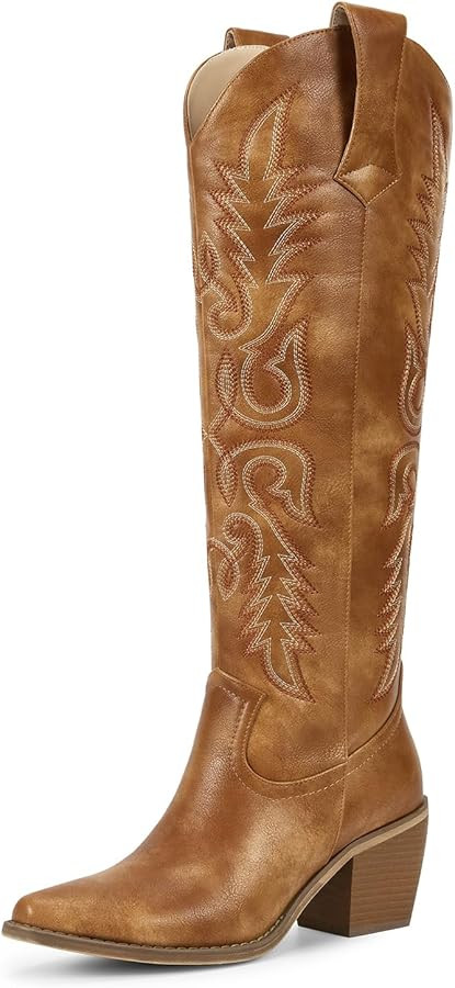 wetkiss Womens Tall Cowboy Boots Side Zipper Ladies Cowgirl Knee High Boots,Comfortable Retro Vin... | Amazon (US)