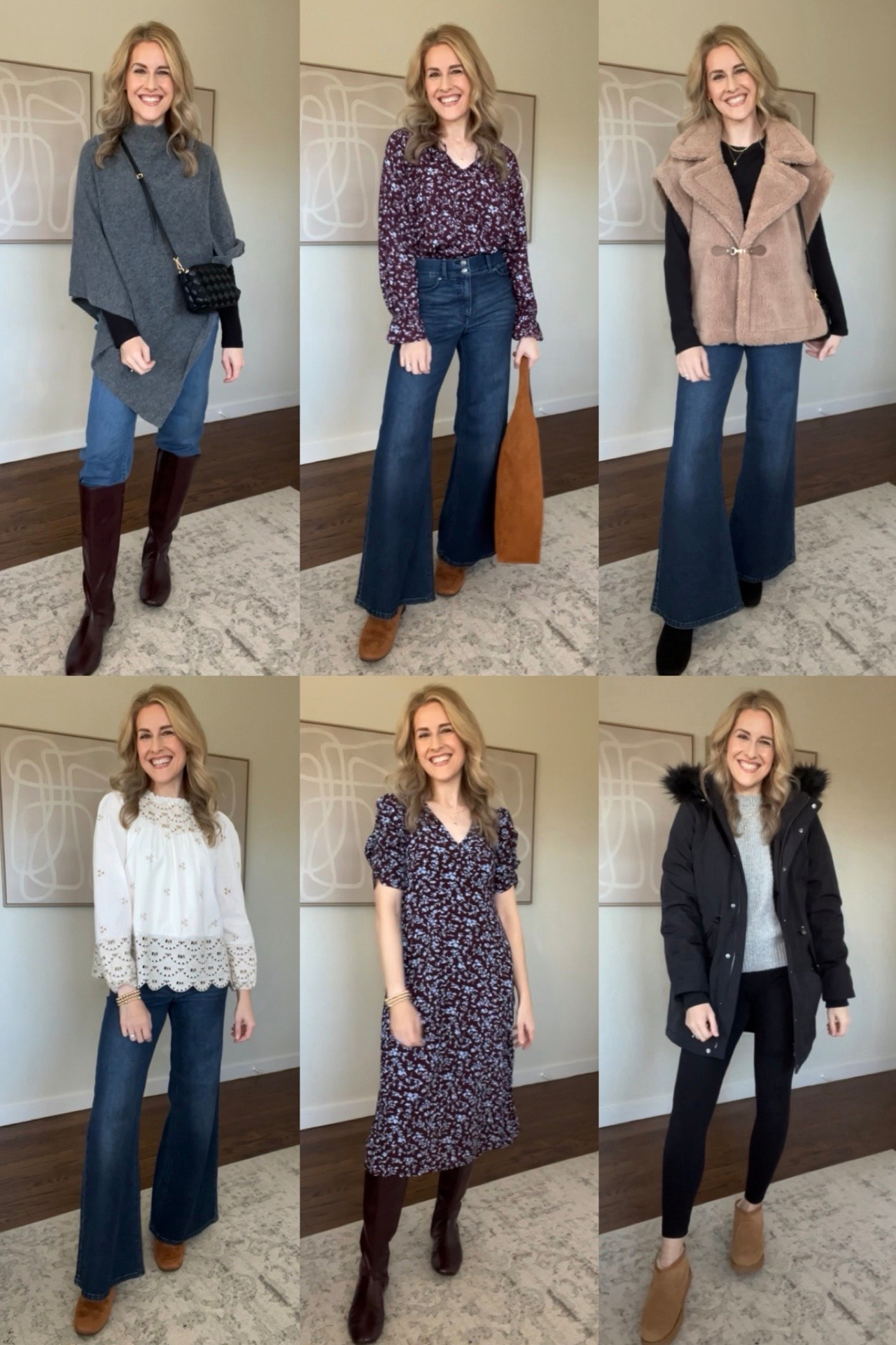 Walmart winter outfits! 
Jeggings fit true to size, I’m in a large and need a medium.
Poncho size S/M
Blouse tts small
Vest tts S/M
White eyelet blouse tts small
Dress tts small
Coat tts medium (I’m 5’8”)
Sweater medium
Leggings medium
Flare jeans tts 6
#walmartfashion walmartstyle 

#LTKFindsUnder100 #LTKOver40 #LTKFindsUnder50