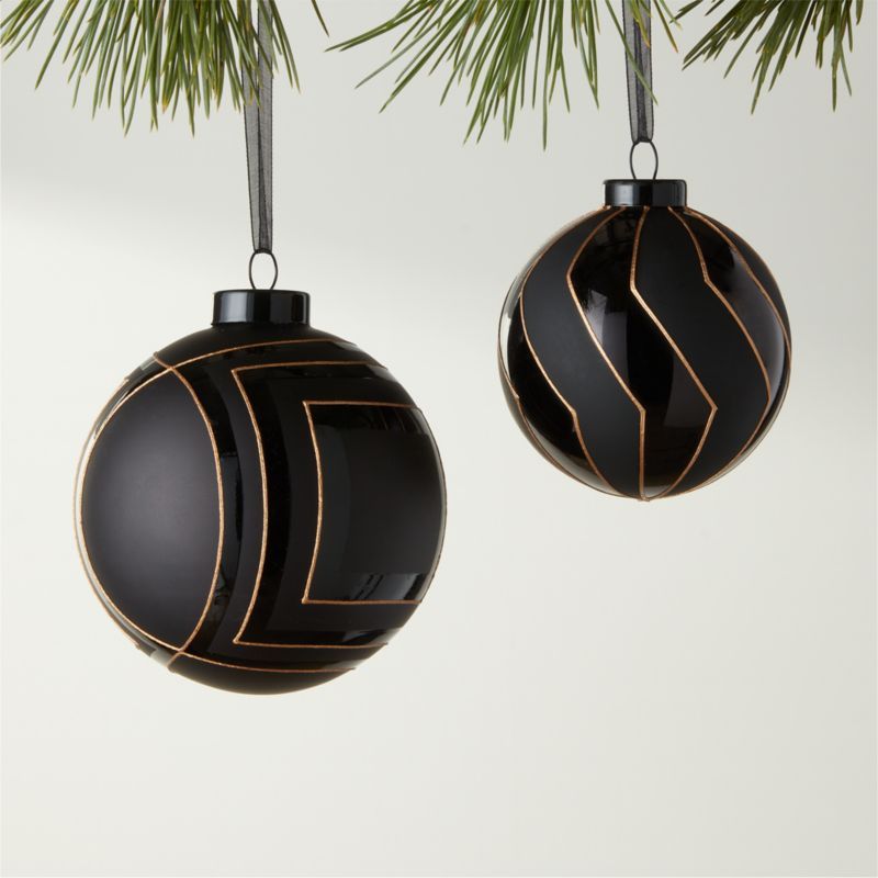 Rouen Modern Black Hand-Painted Glass Christmas Ornament Set of 2 | CB2 | CB2