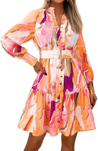 MASCOMODA Fall Dresses for Women 2024 Elegant Long Sleeve Button Short Floral Dress Chiffon A-Lin... | Amazon (US)