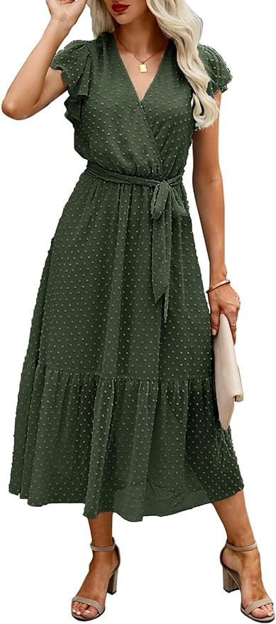 BTFBM Women Summer Bohemian Floral Casual Wrap V Neck Ruffle Cap Sleeveless Belt A-Line Pleated H... | Amazon (US)