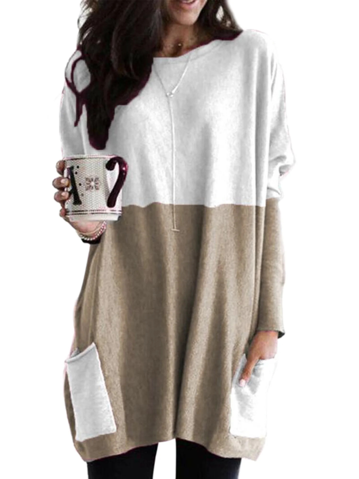 HIMONE Casual Pocket Long Sleeve Tops for Women Loose T Shirts Dresses Autumn Winter Fashion Over... | Walmart (US)