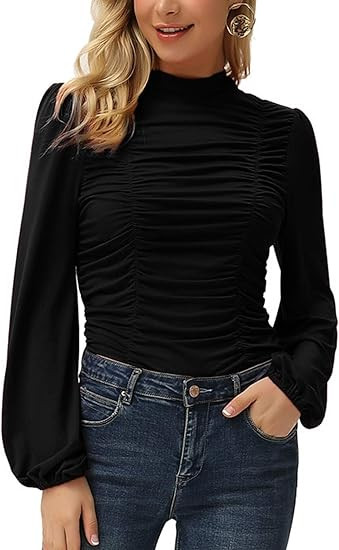 GRACE KARIN Womens Long Lantern Sleeve High-Neck Ruched Front Fitted Blouse | Amazon (US)