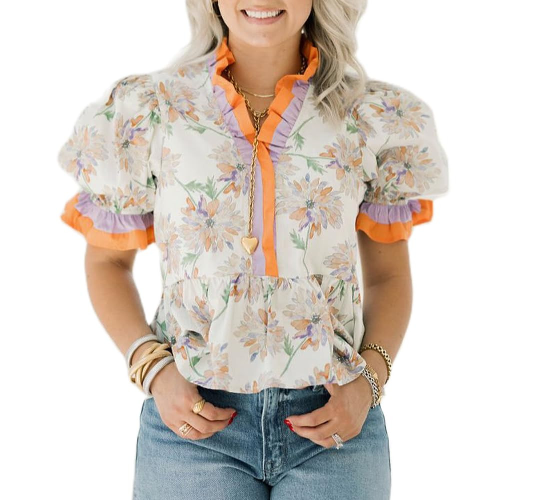 Y2k Women Boho Floral Blouse Puff Short Sleeve V Neck Vintage Flower Print Patchwork Shirt Going ... | Amazon (US)
