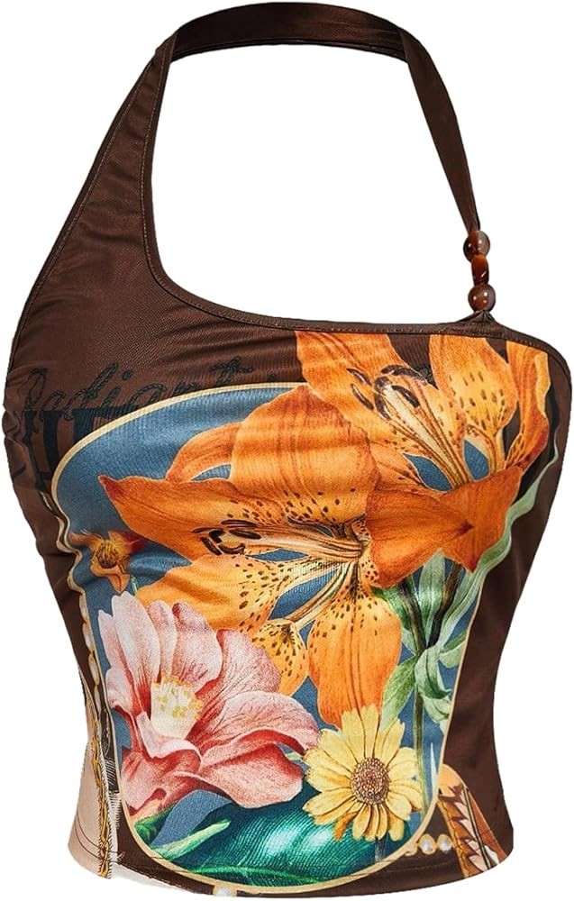 MakeMeChic Women's Plus Size Halter Tops Summer Boho Floral Beaded Sleeveless Fitted Crop Tank To... | Amazon (US)