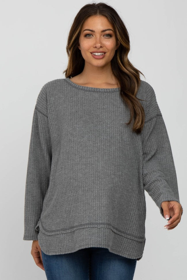 Grey Brushed Waffle Knit Maternity Long Sleeve Top | PinkBlush Maternity
