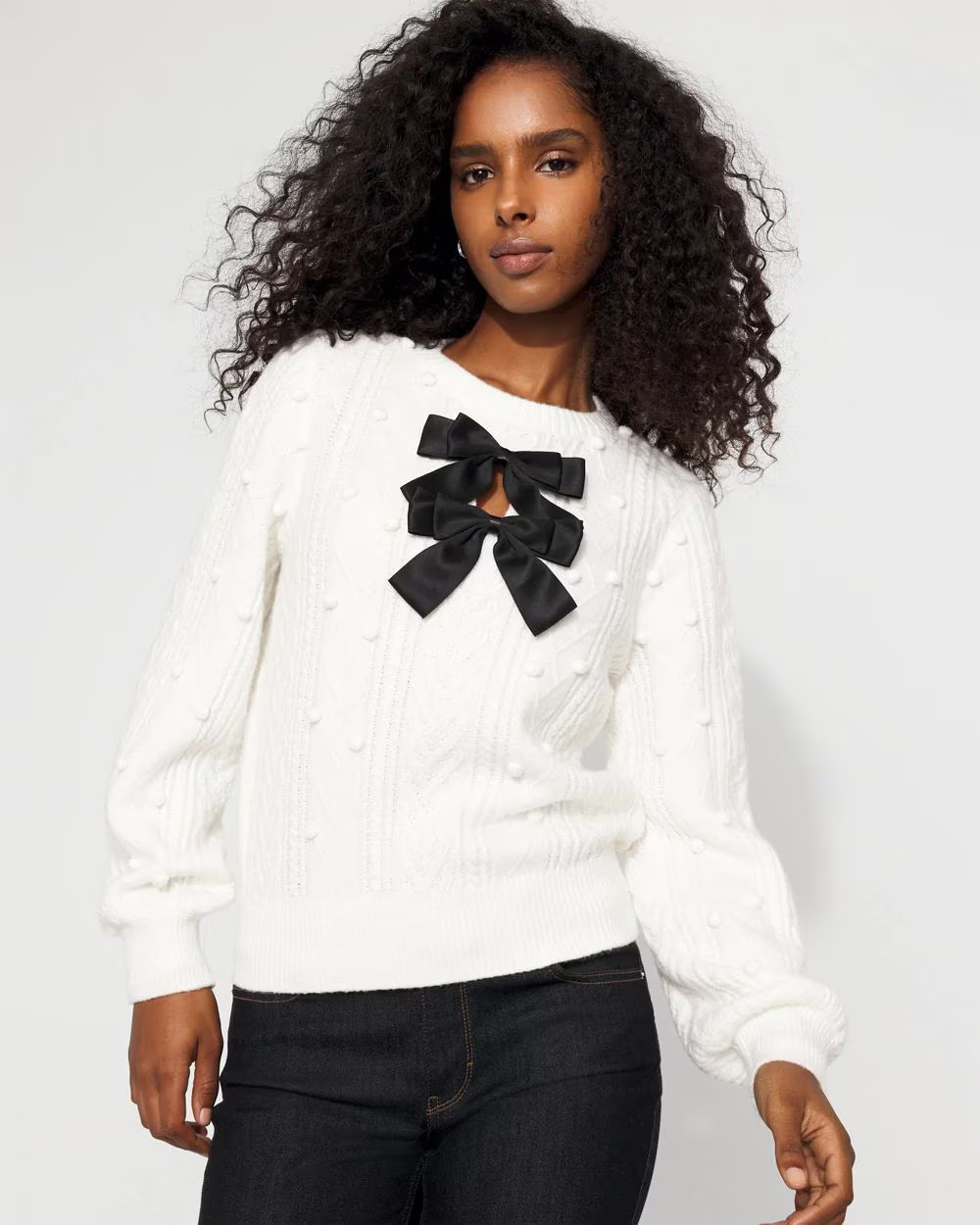 Satin Bow Cable Knit Sweater | White House Black Market | White House Black Market