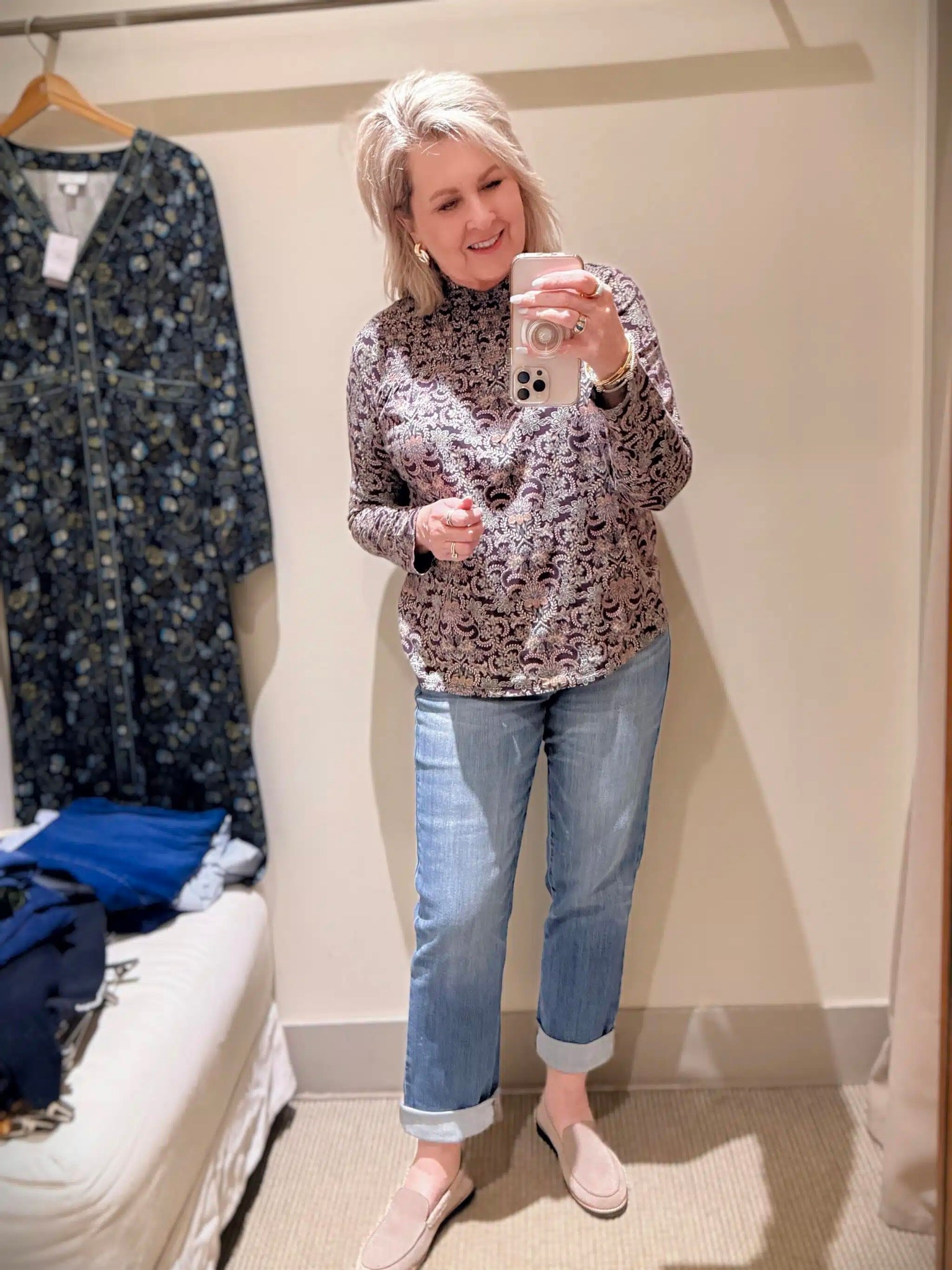 Casual outfit idea! New arrivals from J Jill. I’m wearing a medium in this smocked top and my boyfriend jeans are a size 8. 

#LTKWorkwear #LTKHoliday #LTKootd