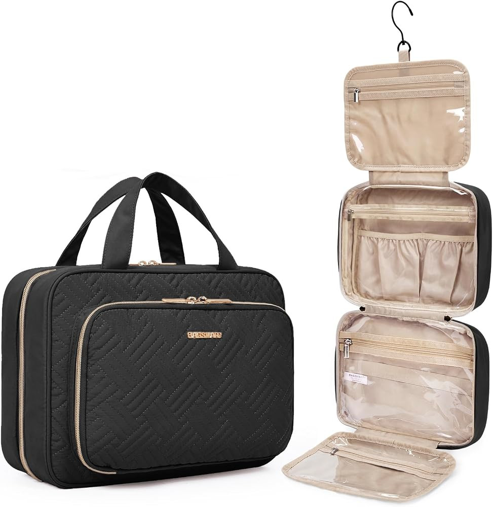 BAGSMART Toiletry Bag Hanging Travel Makeup Organizer with TSA Approved Transparent Cosmetic Bag Makeup Bag for Full Sized Toiletries, Medium-Black | Amazon (US)