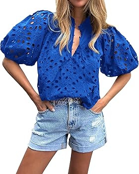 BTFBM Womens Casual Summer Blouse 2025 Hollow Out Eyelet Embroidery Tops V Neck Buttons Puff Shor... | Amazon (US)