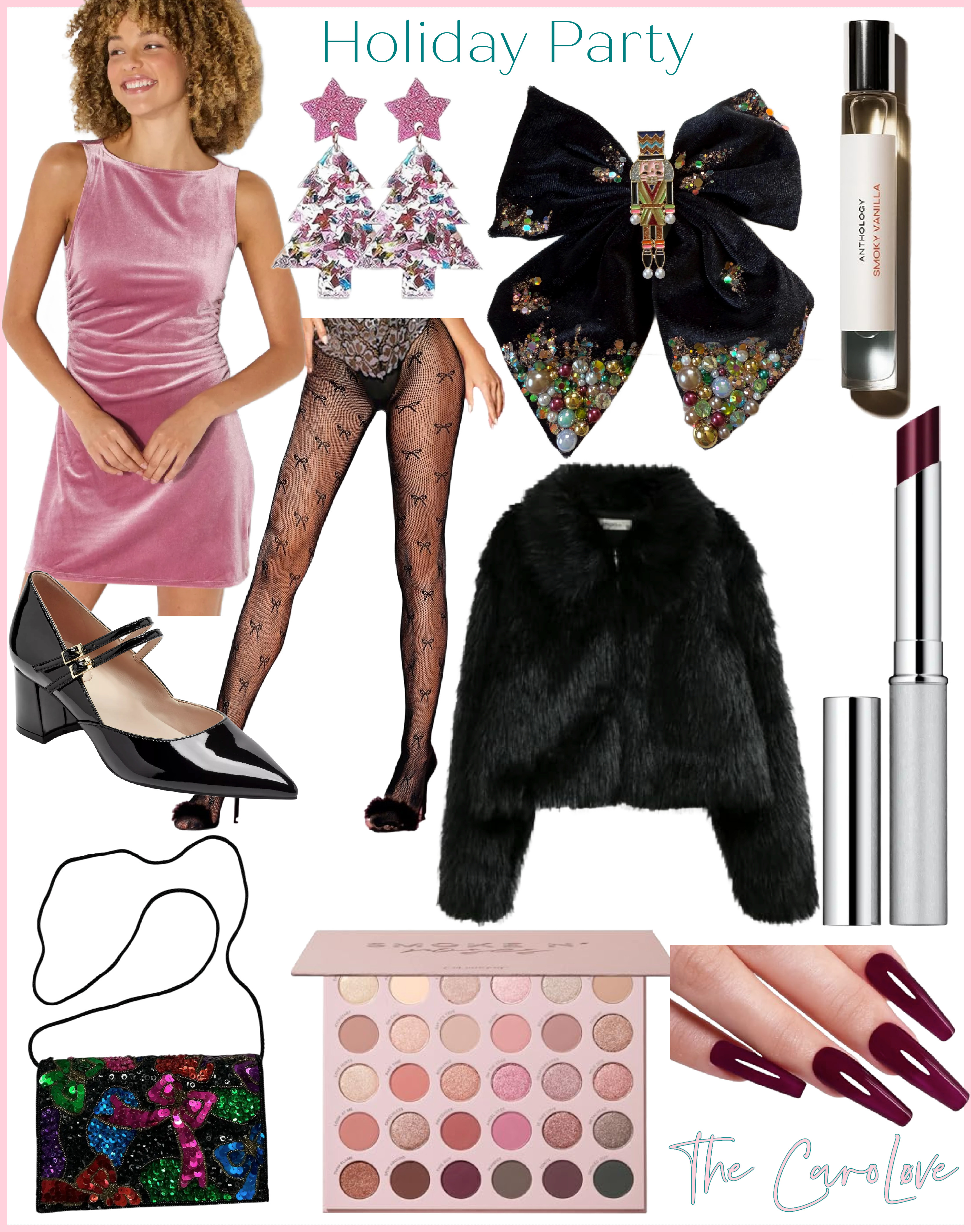 Holiday party perfection 🎄✨ Velvet, lace, sparkle, and the soft-glam makeup moment of my dreams. This whole look is festive, girly, and so comfy for dinners, parties, and everything in between. Linking every piece so you can shop the vibe! 💋🖤

— Velvet mini dress
— Mary Jane block heels
— Lace fishnet tights
— Confetti Christmas tree earrings
— Vintage-style beaded bag
— Nutcracker bow
— Soft glam eyeshadow
— Faux fur cropped jacket
— Cherry mocha nails
— Black Honey lip
— Smoky vanilla perfume oil

Tap for all the holiday outfit magic! ✨ 

 #LTKHoliday #LTKgrwm #LTKMidsize