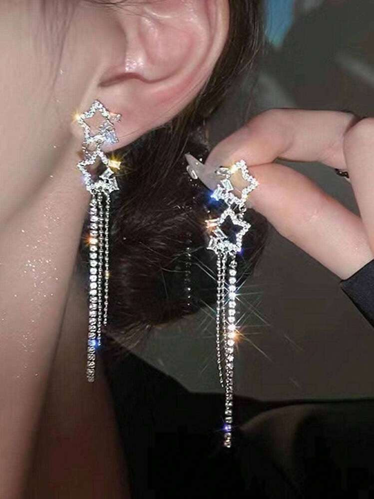 1 Pair Luxury Fully Rhinestoned Star-Shaped Long Tassel Earrings, Unique Design Women's Daily & Party Wear Earrings | SHEIN