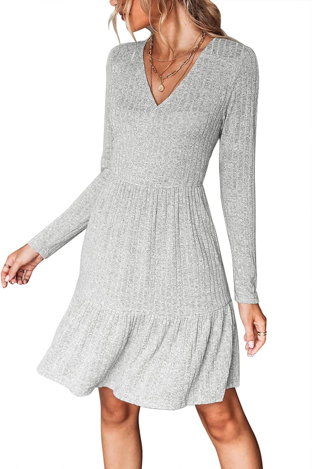Women's V Neck Long Sleeve Sweater Dress Ribbed Knit Flowy Pleated Solid Mini Skater Dresses Casu... | Amazon (US)