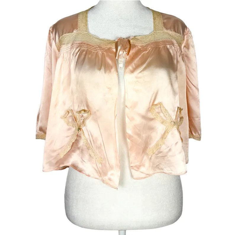 Vintage 1940s Pink Satin Lace Bow Bed Jacket | Etsy (Global)