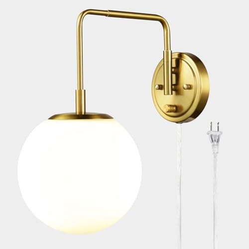DAYCENT Gold Plug in Wall Sconce with Milk Glass Shade Globe Sconces Wall Lighting Modern 1-Light... | Amazon (US)