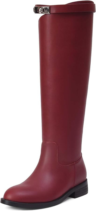 iiimmu Riding Boots for Women Silver Buckle Women's Knee High Boots Round Toe Faux Leather Motorc... | Amazon (US)