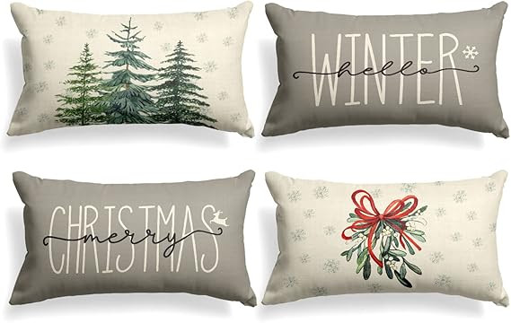 AVOIN colorlife Merry Christmas Tree Hello Winter Throw Pillow Covers, 12 x 20 Inch Mistletoe Pin... | Amazon (US)