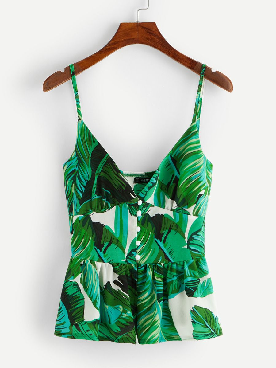 SHEIN Tropical Print Button-front Ruffle Hem Spaghetti Strap Cami | SHEIN