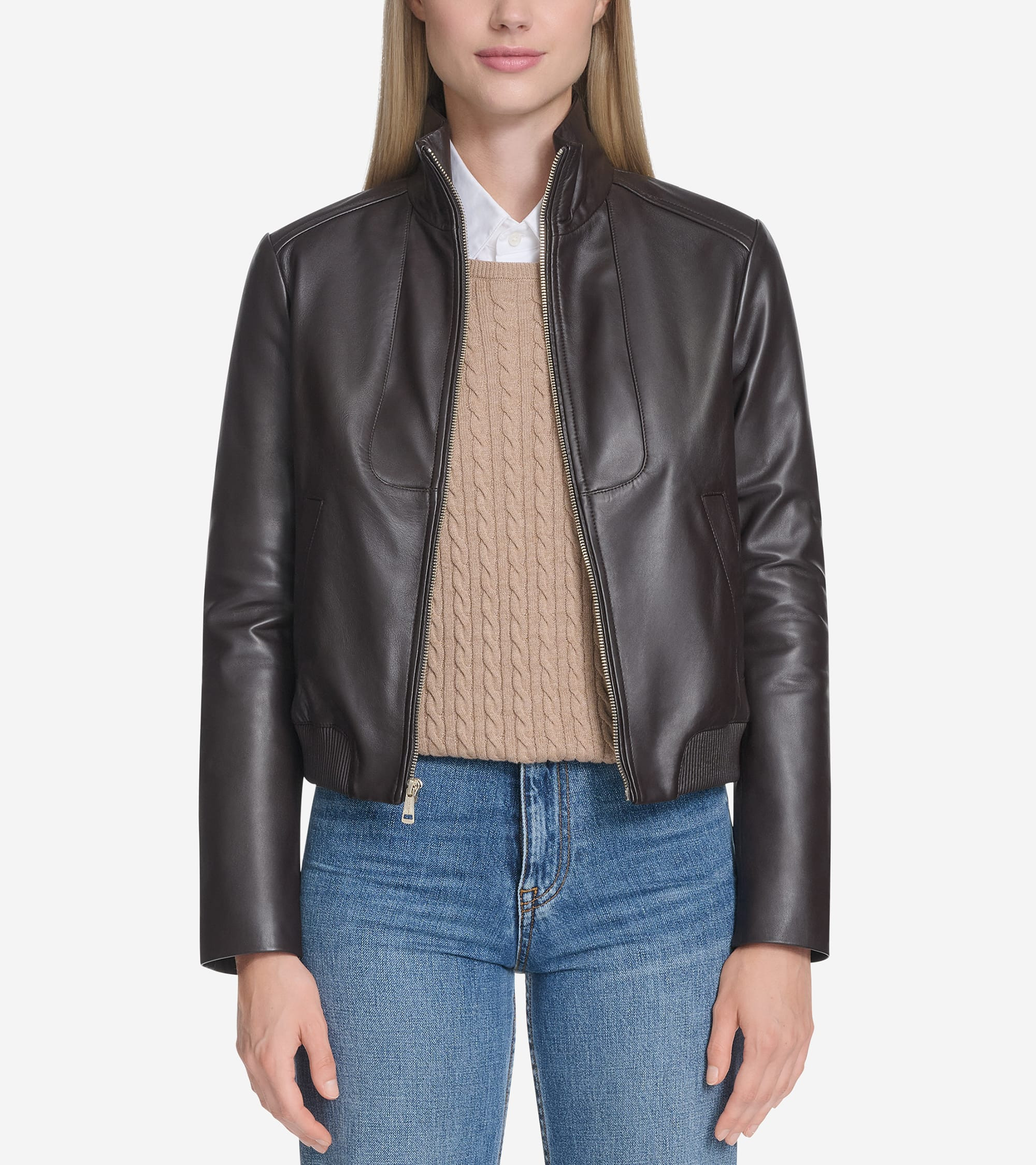 Cole Haan Women's Stand Collar Leather Bomber Jacket - Brown Size Small | Cole Haan (US)