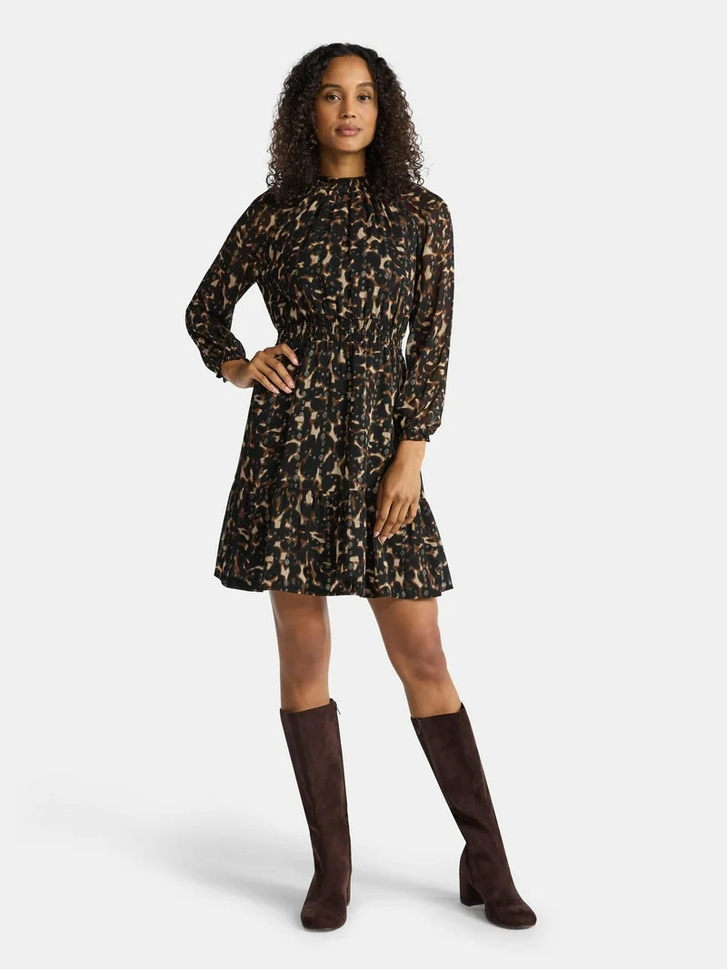 Time and Tru Women's Smocked Mini Dress with Long Sleeves, Sizes XS-XXXL | Walmart (US)