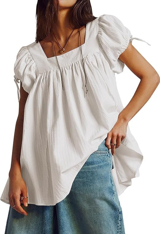 Women's Square Neck Short Sleeve Blouse Tops Pleated Flowy Tunic T-Shirt Blouses Casual Tie Up Pu... | Amazon (US)