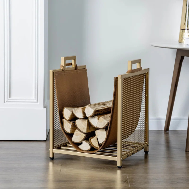 Brown Leatherette Firewood Log Rack With Gold Decorative Frame | Wayfair North America