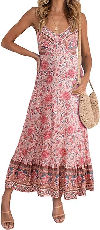 AvoDovA Women Casual Floral Print Maxi Dress Spaghetti Strap Backless Loose Long Dresses | Amazon (US)