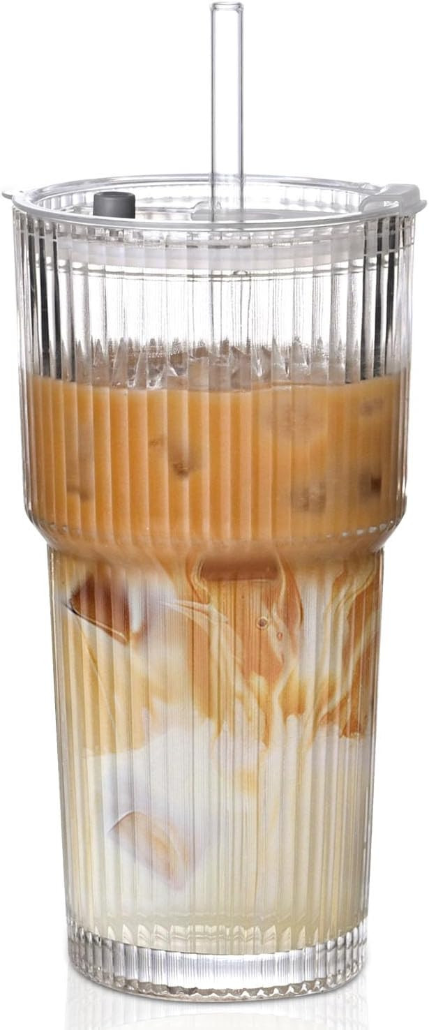 20oz Ribbed Glass Cups with Lids and Straws,1PCS Glass Tumbler with Straw and Lid,Iced Coffee Cups Drinking Glasses for Juice Whiskey Cocktail Beer | Amazon (US)