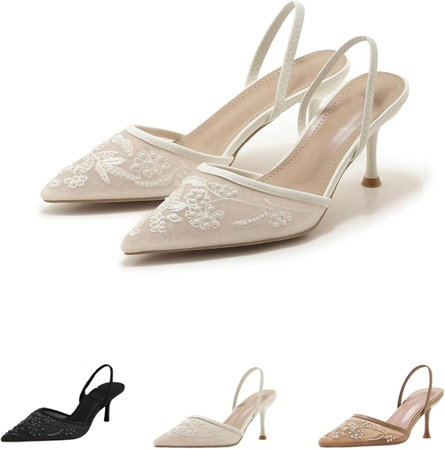 Women's Mesh Floral Embroidered Slingback Heels - Pearl Studded Pointed Toe Backless Wedding Pump... | Amazon (CA)