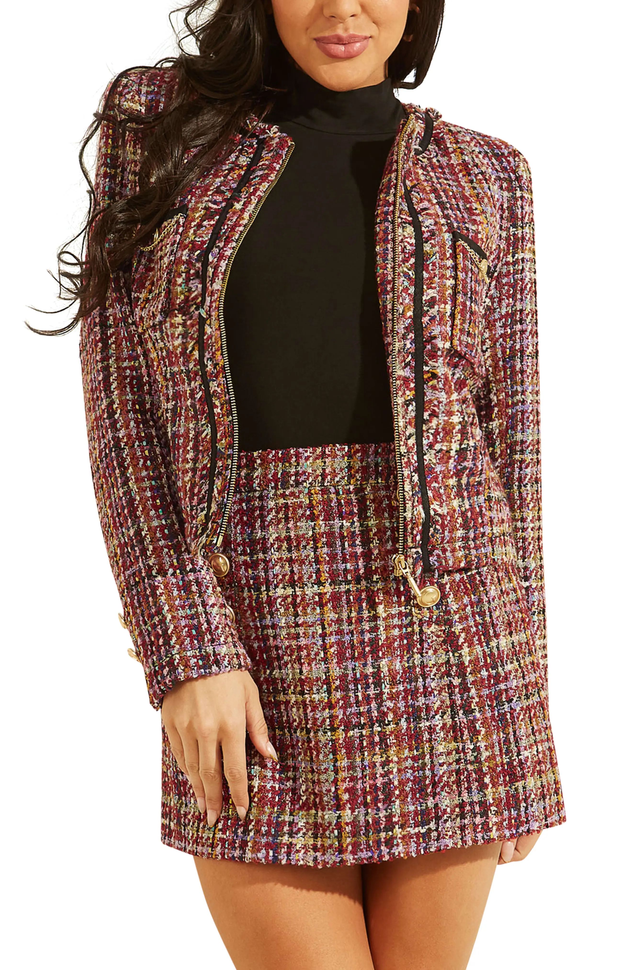 GUESS Mikaela Tweed Jacket, Size Large in Ruby Merlot Multi at Nordstrom | Nordstrom