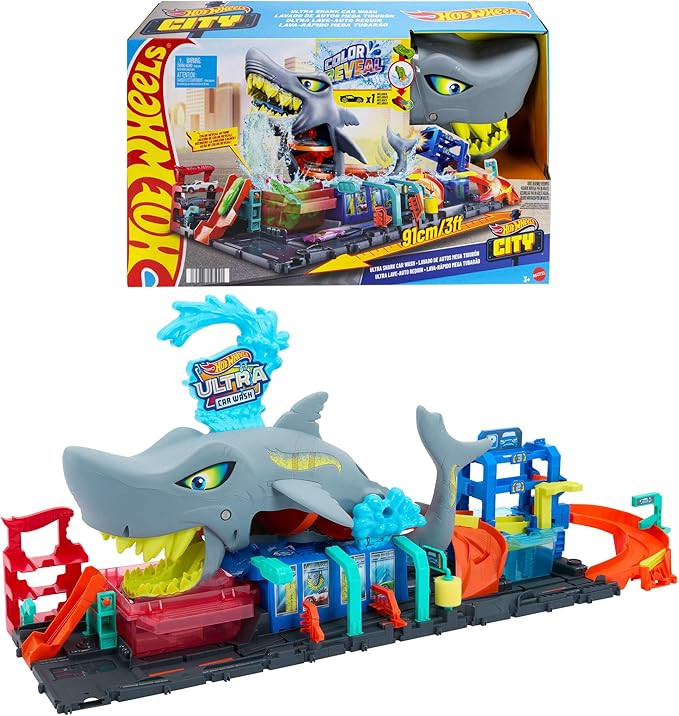 Hot Wheels City Track Set, Ultra Shark Car Wash with 1:64 Scale Color Reveal Toy Vehicle, Repeat ... | Amazon (US)