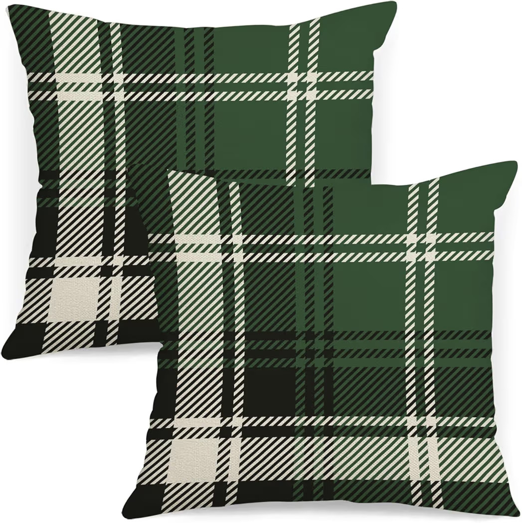 Christmas Plaids Pillow Covers 18x18 Set of 2 Green Black Throw Pillow Cases Winter Decorative Cu... | Amazon (US)
