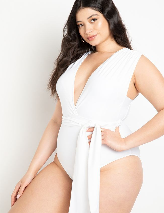 Low Neck One Piece Swimsuit With Self Belt | Women's Plus Size Swimwear | ELOQUII | Eloquii