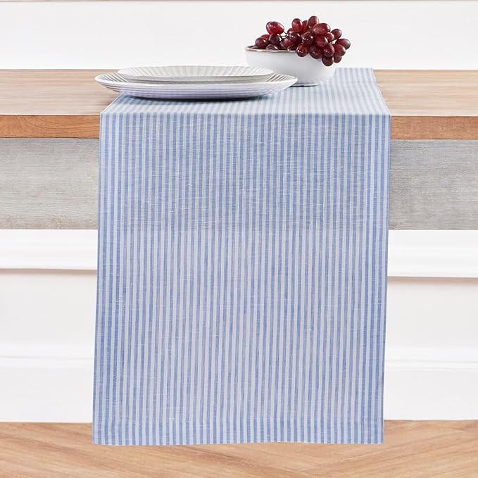 Solino Home Striped Table Runner 108 Inches Long - Narrow Stripe 100% Pure Linen Cornflower Blue ... | Amazon (US)