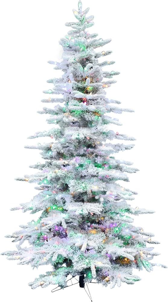 Fraser Hill Farm 7.5-Ft Pre-Lit Mountain Pine Snow Flocked Artificial Christmas Tree with Multi-C... | Amazon (US)