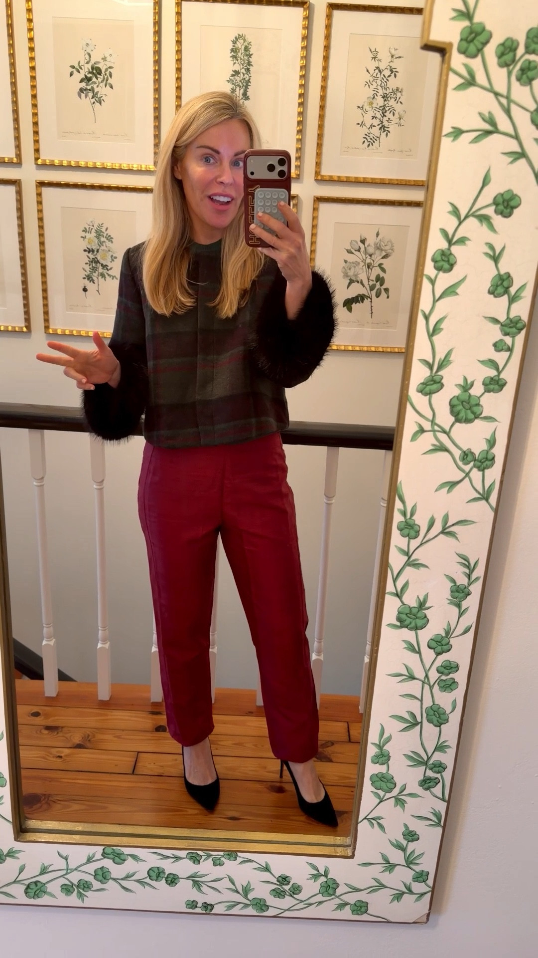 Forest plaid jacket pairs well with burgundy, maroon, green and black.  Fur is detachable  

#LTKgrwm #LTKOver40 #LTKHoliday