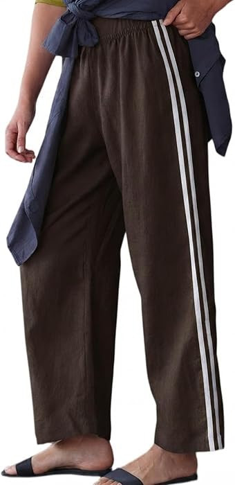 Striped Linen Pants Women Casual Mid Rise Wide Leg Pants Summer Cropped Beach Vacation Lounge Tro... | Amazon (US)