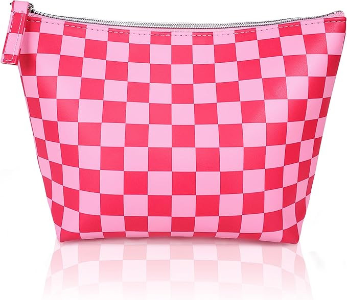 Vegan Leather Checkered Makeup Bag - Cute Girly Pink Cosmetic Bag Zipper Pouch Travel Toiletry Ma... | Amazon (US)